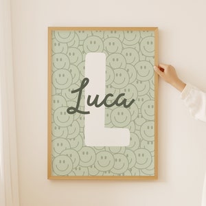 Impresión digital personalizada inicial y de nombre, impresión sonriente, arte moderno de la pared, impresión inicial de la sala de juegos para niñas y niños, inicial de la habitación para niños