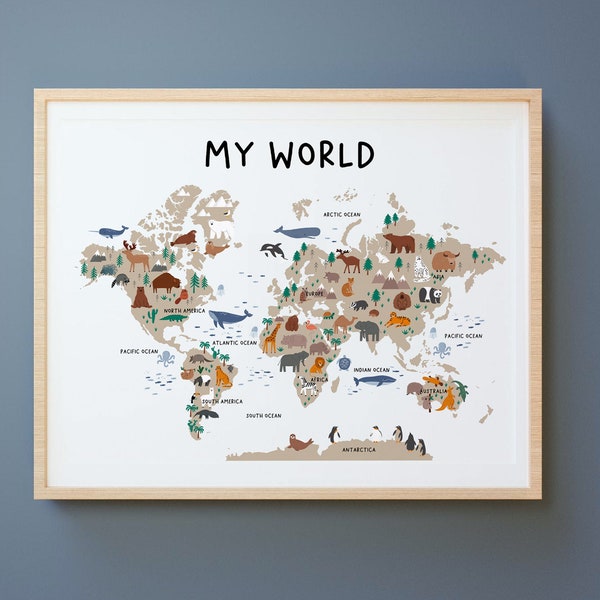 Animal World Map, neutral, Childrens Map, Map of the World, Nursery Print, Educational Map, playroom decor,  Kids art, classroom, learn map