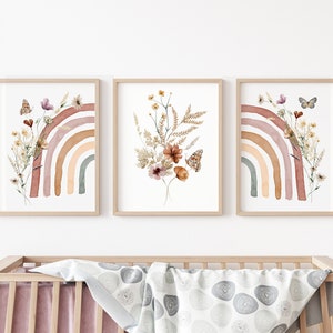 Boho Rainbow Set de 3 impresiones de arte infantil, Girl WILDFLOWERS Nursery Wall Art, decoración de la guardería, ideas de la habitación del bebé, arco iris, arte de la pared de la niña, impresión de la niña