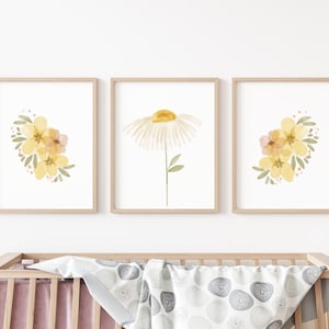 Neutral daisy nursery wall art, Girls nursery prints, Daisy wall prints,watercolor nursery prints,Daisy nursery decor, neutral baby girl art