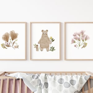 Set of 3 Woodland Floral Animals, Nursery Prints, Nursery Decor, Girls Nursery Decor, woodlandNursery Decor, Woodland Print, boho girls art