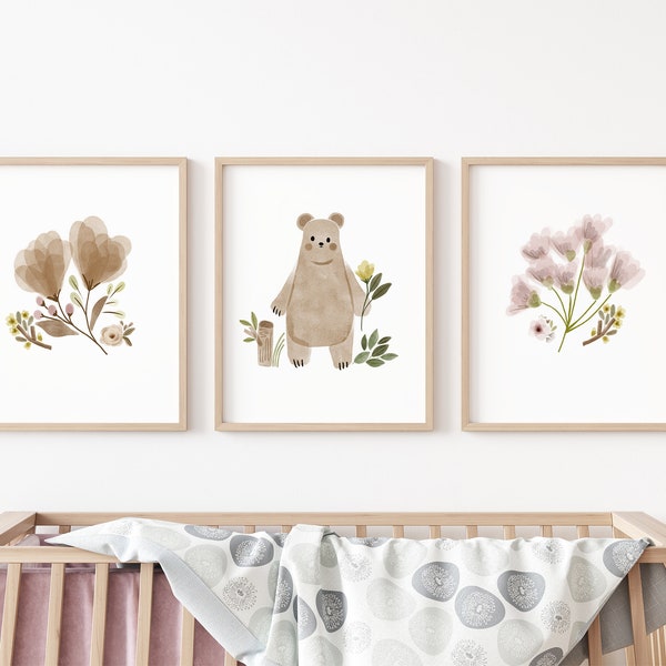 Floral Nursery Prints girls, Set of 3, Bear Floral Nursery Decor, Watercolor Floral Nursery, Girl Nursery Decor, neutral Flower Print, boho