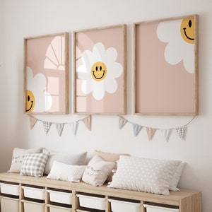 Nursery printable, HAPPY daisy wall art, girls boho print, baby girl nursery decor, dusty pink, printable baby shower gift, girls bedroom