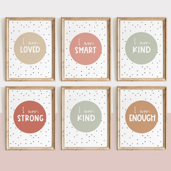 Positive Affirmations Wall Art, SET OF 6 prints, Bedroom Affirmation Print, Inspirational Poster, Motivational Quote, Toddler Girl Bedroom