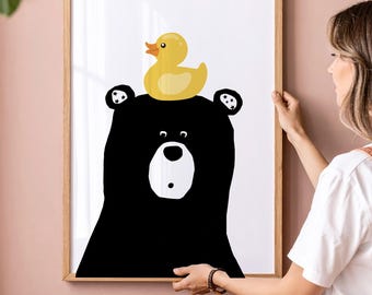 Bathroom Wall Art, BEAR with ducky, bathroom printables, bathroom wall decor, bathroom decor, bathroom print, bathroom prints, modern decor