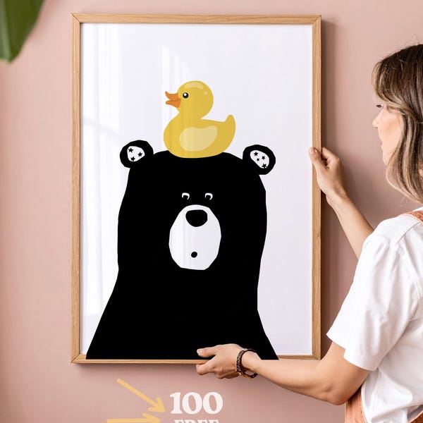 Bear with Ducky Bathroom Print: Modern Kids' Room Wall Art (Digital Download)