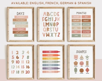 Ensemble d'impressions d'apprentissage de la maternelle : affiches pour filles alphabet, chiffres, formes (téléchargement numérique)