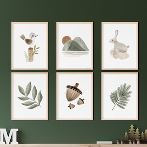 Nursery prints green, gender neutral, nature green nursery wall decor, mountain, bird, bunny, nursery wall art, nursery decor neutral, green