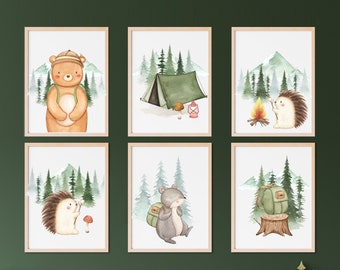 Estampados de viveros FOREST, decoración de viveros de montaña, viveros de bosques, animales del bosque, decoración de viveros, arte sin enmarcar, estampados de acuarela, niños verdes