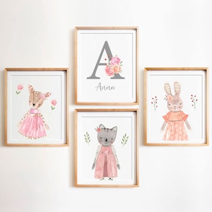 Set of 4 Personalised Baby Girl Print, Blush Pink, animals dolls Print, Nursery Wall Art, Children&#39;s Prints,Newborn Baby Girl Print,  gift