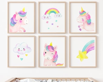 Unicorn wall art set, 6 Printable unicorn art, Girls room decor, Unicorn cute, Unicorn prints, Pink pastel colors, cloud rainbow, kids art