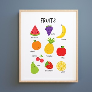 Frutas imprimibles, Impresiones descargables Montessori Póster educativo Niños Habitación de niños Impresiones de aprendizaje Comida Cocina homeschool arte, digital