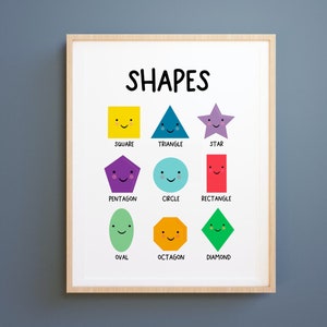 Formas geométricas imprimibles, póster Montessori, recursos de la escuela en casa, de vuelta a la escuela, materiales de aprendizaje, arte del aula, cartel de los niños, arco iris