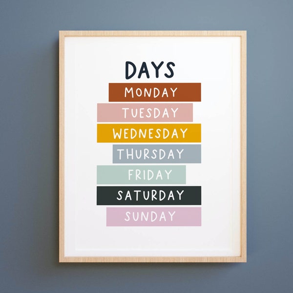 Days of the Week Printable, learning days, Montessori Education Poster, Homeschool Resources, Nursery print, Classroom Art, DIGITAL FILE day