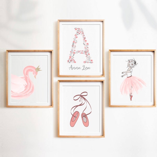 SET OF 4 Ballerina Personalised Name Nursery Wall Art Prints,Nursery prints, Pink floral Baby Girl Room Decor Printable Pictures girls Gift