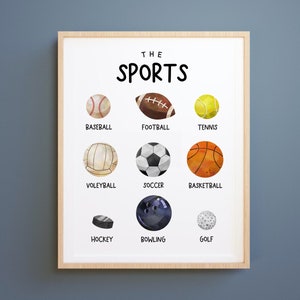 Sport prints, Homeschool print, Printable sports art, Boys room decor, Playroom wall art, Sport balls, Soccer hockey basketball baseball art