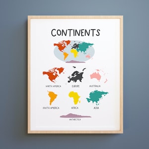 Stampa mappa del mondo per bambini, continenti mappa stampa, homeschool bambini arredamento,Stampa d'arte per bambini, arte in classe, illustrazione mappa del mondo, Educativo