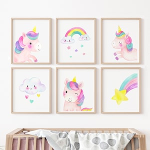 Conjunto de arte de pared de unicornio, 6 arte de unicornio imprimible, decoración de la habitación de las niñas, unicornio lindo, estampados de unicornio, colores pastel rosa, arco iris de nubes, arte para niños