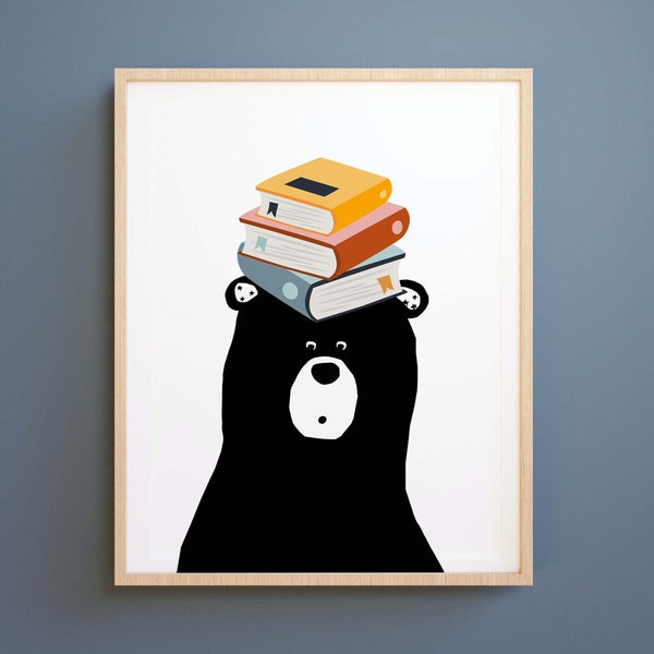 Leer impresión de pared, oso con libros Cartel, Arte de pared imprimible, Impresión educativa, Impresión de vivero neutral, Decoración de aula de la escuela en casa, arte de los niños