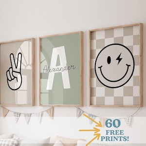 JUNGS WALL ART Drucke, personalisierter Name, Galerie Wandkunst, 3er-Set herunterladbare Drucke, neutrale Jungen Kinderzimmer Dekoration, Kinderzimmer, Smiley Print