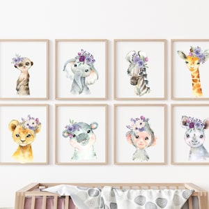 Animals nursery prints, lavender Nursery decor, Nursery wall art, BAby girl Nursery art prints, Baby animals, purple flowers,Safari animal