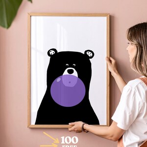 Girl wall art, bear purple, nursery wall art, Animals prints, girls room wall art, Child room wall art,  girl wall art, girl room wall art