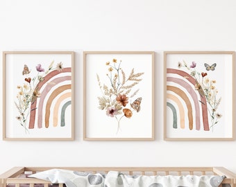 Boho Rainbow Set of 3 Nursery Art Prints, Girl WILDFLOWERS Nursery Wall Art, Nursery Decor,Baby Room Ideas,Rainbow,girl wall art, girl print