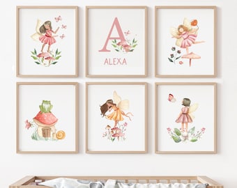 Feengarten-Wandkunst, 6er-Set, individueller Name Mädchen, Aquarell-Feen-Kinderzimmerdruck, Feenkunst, Babyparty-Geschenk, Mädchenzimmerdekoration, rosa Kunst