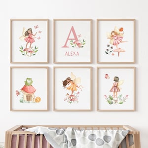Fairy Garden Wall Art,  Set of 6, custom name girl, Watercolor Fairy Nursery Print, Fairy Art, Baby Shower Gift, Girl's Room Decor, Pink art