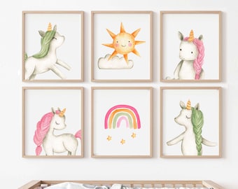 Set of 6 Unicorn Printable, Baby Unicorn Wall Art, GIRLS Poster, Nursery Art, Art Print, Head Print, Pink, rainbow, Gifts, Digital Download