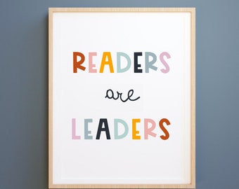 Lezers zijn leiders, kunst aan de muur voor kinderen, digitaal bestand, klaar om af te drukken, leerafdrukken, motiverende afdrukken, kinderprintables, schoolwanddecor