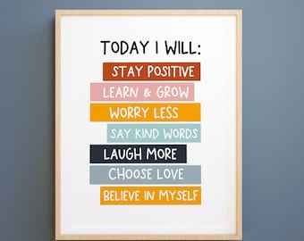 Kids Printable Art: Today I will, positive quote print, Kids Wall Art, Nursery Decor, Kids Affirmation Art ,Instant Download, homeschool art