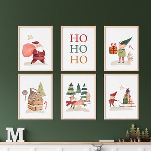 Christmas Print Decor Set of 6, Christmas nursery print, Santa Merry christmas Art Print, kids Christmas decor, Christmas Gallery Wall Art