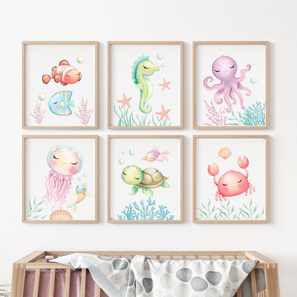 Girls wall art printable, sea animals, pastel colors, nursery prints, baby girl nursery decor, octopus,turtle, fish, sea stars,under the sea
