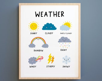 Impression météo, météo téléchargeable, impressions climatiques, Montessori Educational Poster Kids Children Room Learning Nursery homeschool prints