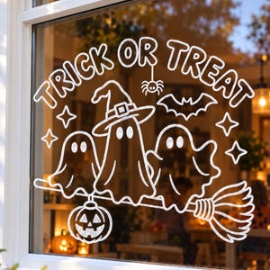GhostWindow-mall, Halloween-spårbar kritmarkörstencildesign, buskonst i glas, utskrivbar display, säsongsbetonat klassrum för hemmet