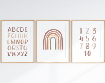 Impressions d'art neutres pour chambre d'enfant : arc-en-ciel bohème, alphabet, chiffres (téléchargement numérique) apprentissage de l'art imprimable