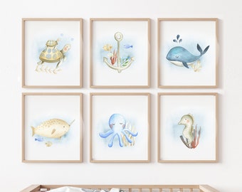 Sea animal prints, SET OF 6, Nursery decor,  Nursery ocean prints,  Sea creatures wall art, Ocean nursery decor ,Ocean theme nursery,  gift