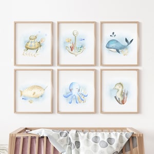 Sea animal prints, SET OF 6, Nursery decor,  Nursery ocean prints,  Sea creatures wall art, Ocean nursery decor ,Ocean theme nursery,  gift