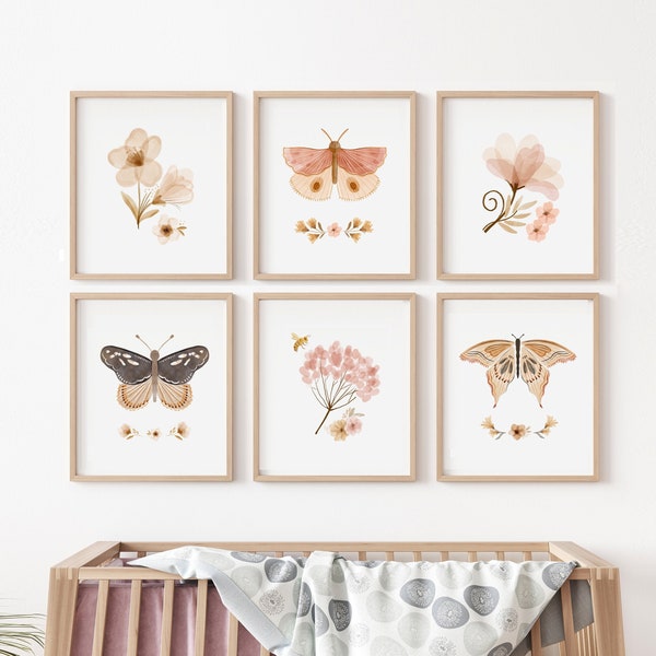 Butterfly Nursery Art,Set of 6 prints, Baby Girl Nursery, blush Butterflies,, boho Baby Wall Decor, Baby girl Wall Decor, Sweet Blush Prints