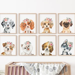 Dogs nursery prints, Set of 8, Girl's Room Print, Dog Printable Art , Kids Printable Art, Nursery Decor, dogs with Tiaras Flowers, animals