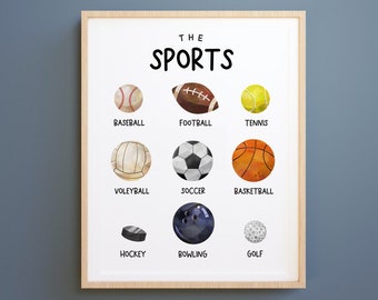 Sport prints, Homeschool print, Printable sports art, Boys room decor, Playroom wall art, Sport balls, Soccer hockey basketball baseball art