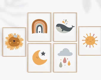 Earthy Boho Nursery Wall Art Prints: Rainbow, Sun, Moon Set (Digital Download) baby printable