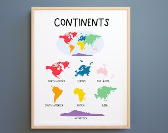 World Continents print,  Education Printable, Homeschool print, Learning resources, Classroom Wall Art, World Map Download · DIGITAL FILE