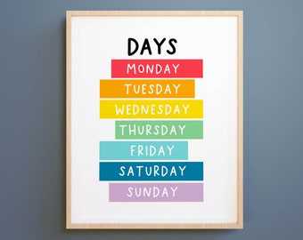 Days of the Week Printable, Montessori Education Poster, kids learning, Homeschool Resource, Learning Print,Classroom Art, nursery print,