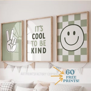 It&#39;s Cool To Be Kind Smiley-Galerie-Set, herunterladbarer Druck, Kinderzimmer, grünes Salbei-Spielzimmerdekor, Zitat für Kinderwandkunst, druckbare Jungen, APF