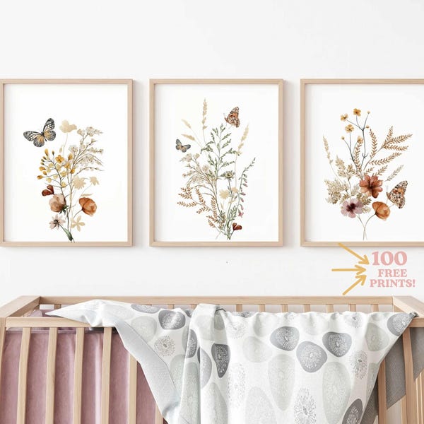 Blomstertryck för barnkammaren: Akvarell vildblomsdekor (digital nedladdning) väggkonst för flickor