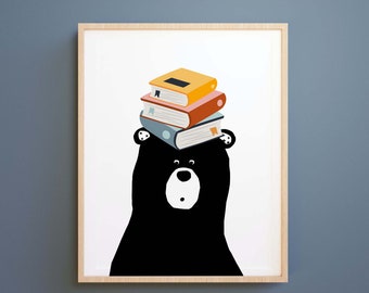 May include: A black bear silhouette with a stack of colorful books on its head. The books are yellow, orange, pink, blue, and green.