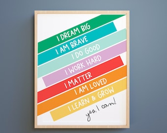 Print positieve affirmatie kinderen: regenboogmuurkunst (digitale download) afdrukbaar leren