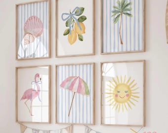 Coastal Nursery Print Set (6): Pink Blue Beach, Summer Art (Digital Download)